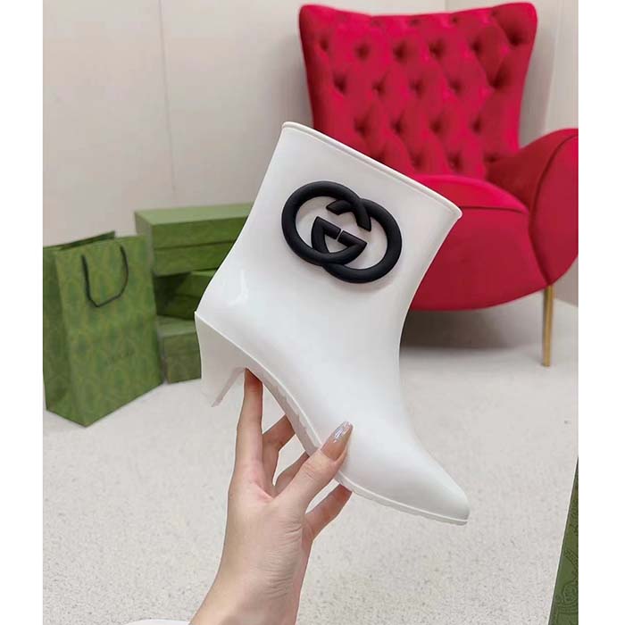 Gucci Women Interlocking G Ankle Boot White Shiny Rubber Matte Point Toe Low-Heel (12)