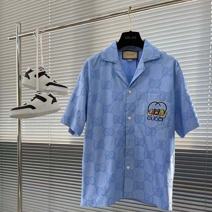 Gucci Women Jumbo GG Cotton Jacquard Bowling Shirt Light Blue Point Collar Short Sleeves (1)