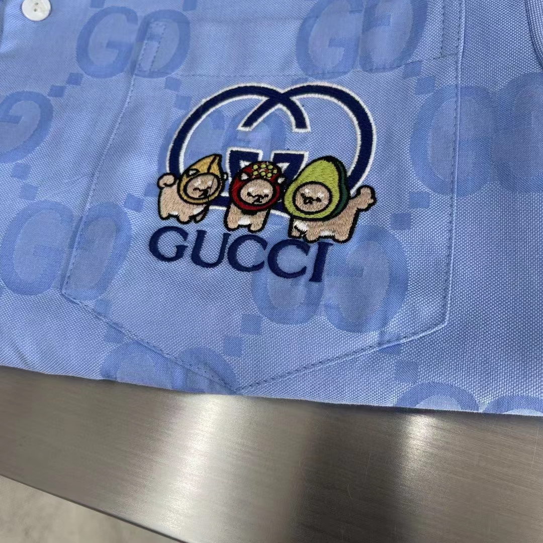 Gucci Women Jumbo GG Cotton Jacquard Bowling Shirt Light Blue Point Collar Short Sleeves (11)