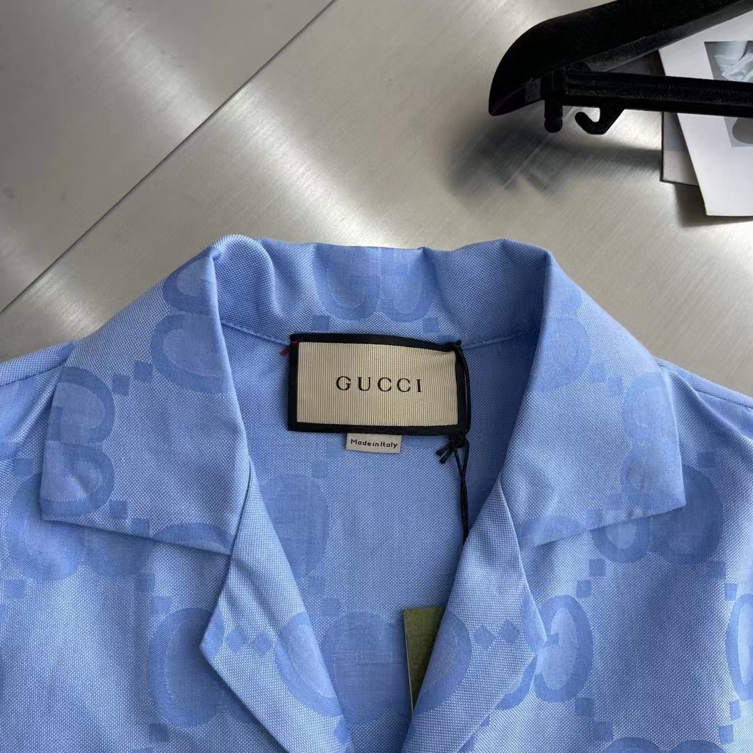 Gucci Women Jumbo GG Cotton Jacquard Bowling Shirt Light Blue Point Collar Short Sleeves (2)