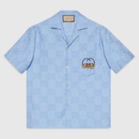 Gucci Men Jumbo GG Cotton Jacquard Bowling Shirt Light Blue Point Collar Short Sleeves