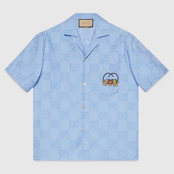 Gucci Men Jumbo GG Cotton Jacquard Bowling Shirt Light Blue Point Collar Short Sleeves