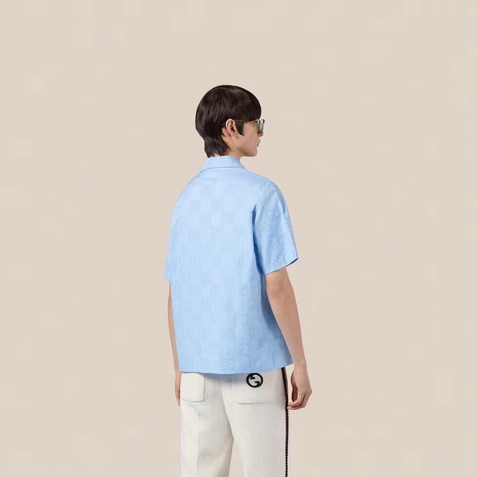 Gucci Women Jumbo GG Cotton Jacquard Bowling Shirt Light Blue Point Collar Short Sleeves (6)