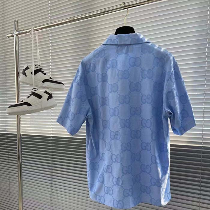Gucci Women Jumbo GG Cotton Jacquard Bowling Shirt Light Blue Point Collar Short Sleeves (9)