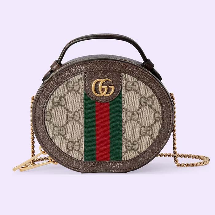 Gucci Women Ophidia Mini Chain Bag Beige Ebony GG Supreme Canvas Brown Leather Double G