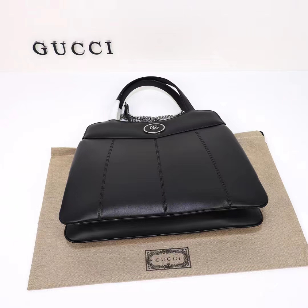 Gucci Women Petite GG Medium Tote Bag Black Leather Double G Zip Closure (6)