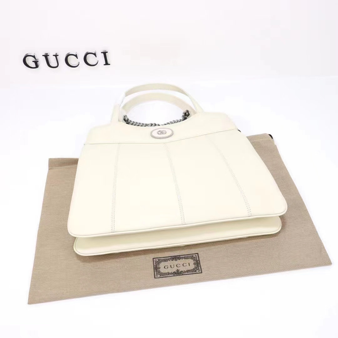 Gucci Women Petite GG Medium Tote Bag White Leather Double G Zip Closure (1)