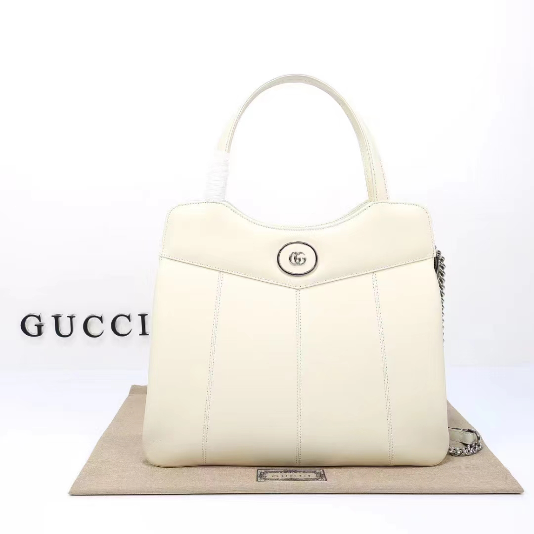 Gucci Women Petite GG Medium Tote Bag White Leather Double G Zip Closure (10)