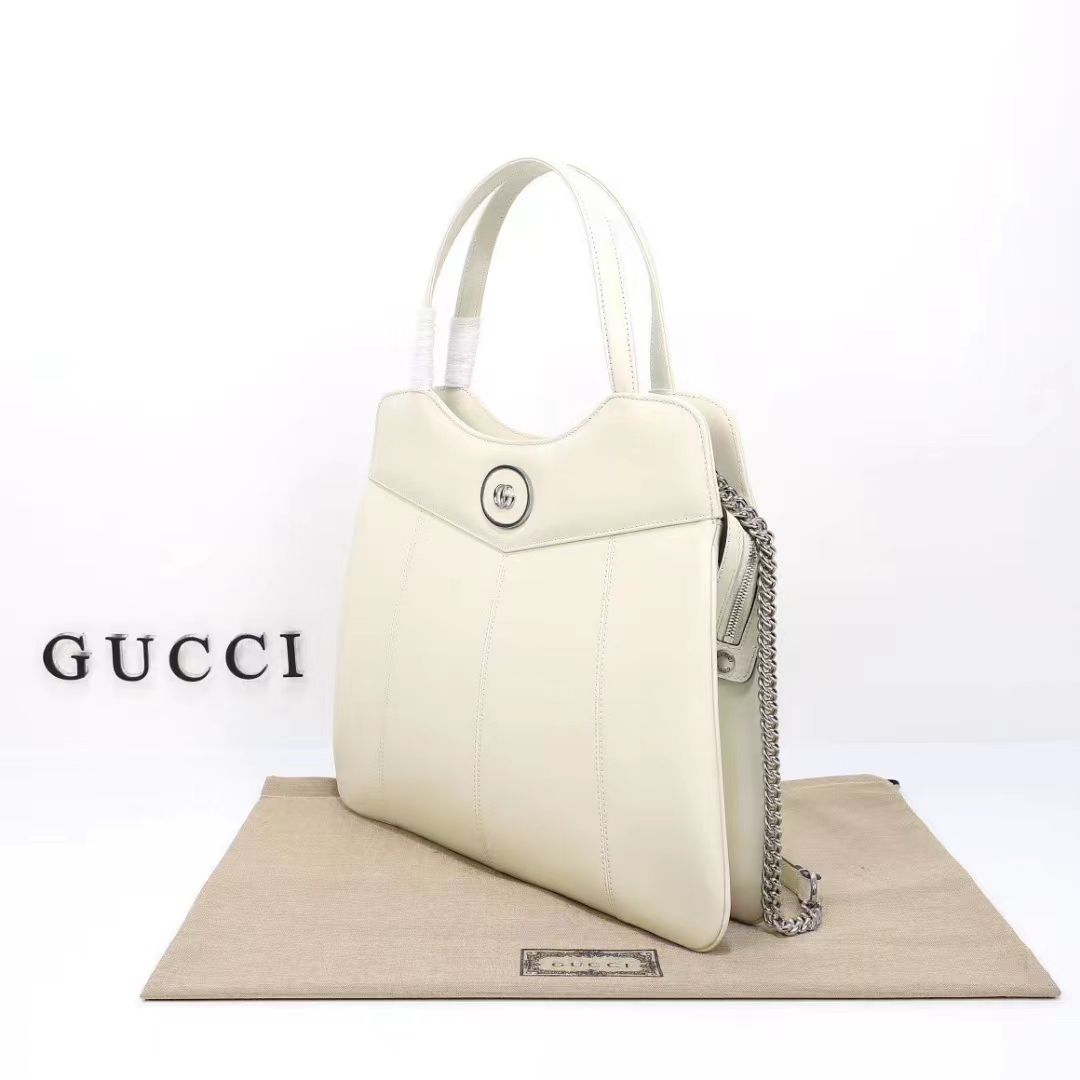 Gucci Women Petite GG Medium Tote Bag White Leather Double G Zip Closure (11)