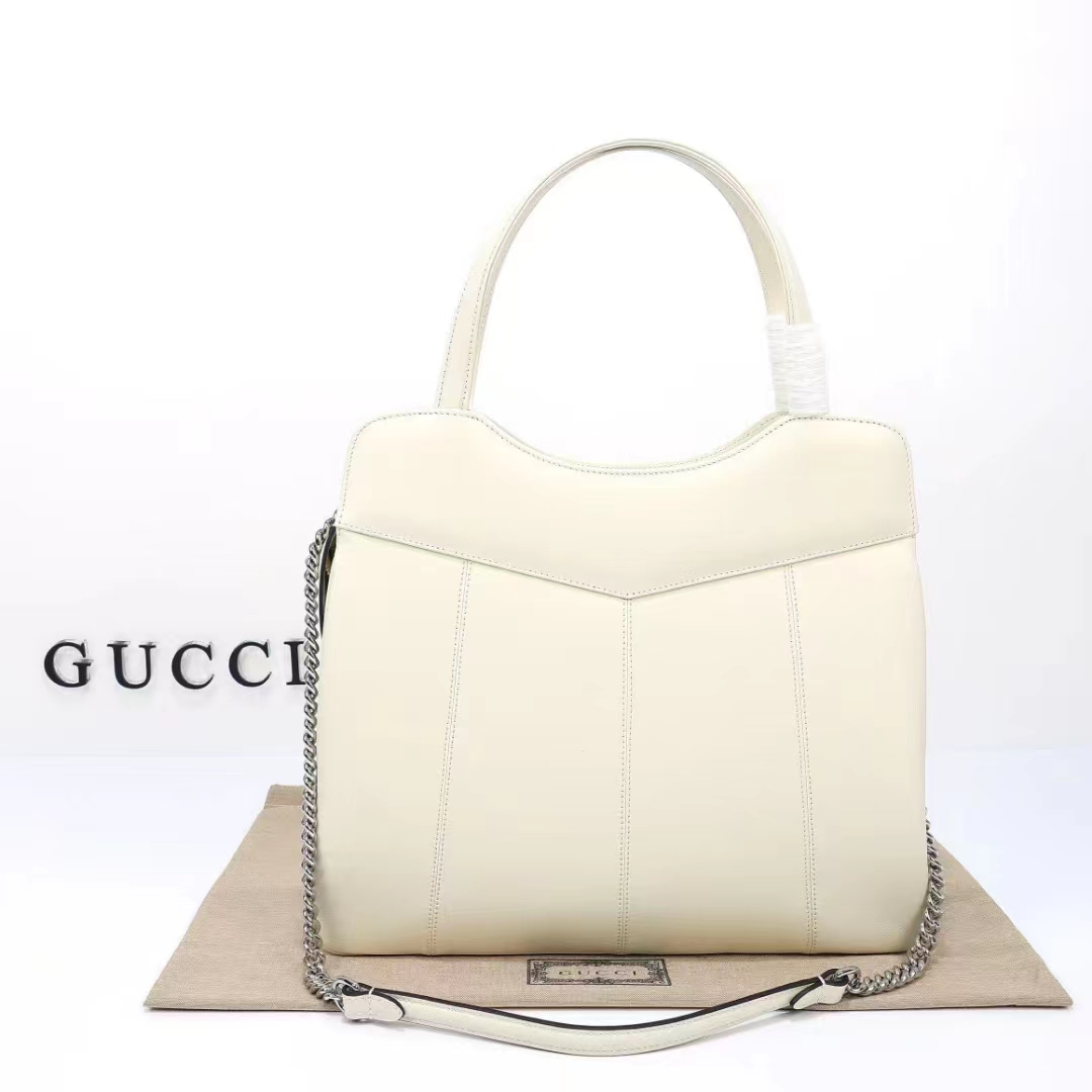 Gucci Women Petite GG Medium Tote Bag White Leather Double G Zip Closure (12)