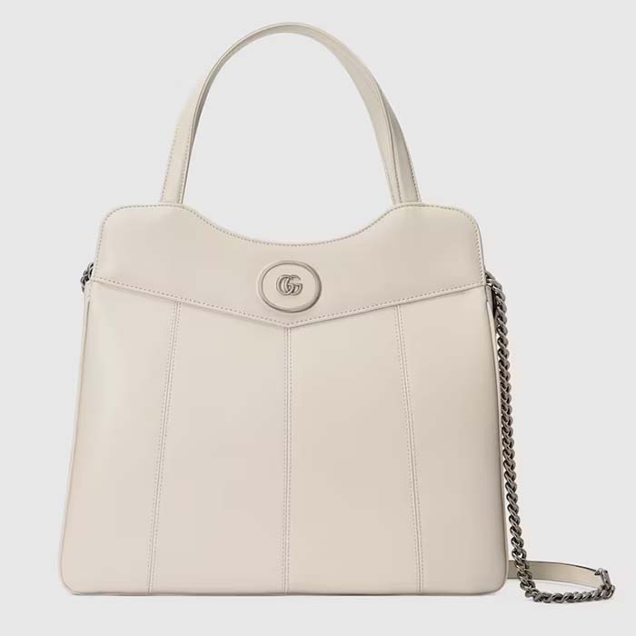 Gucci Women Petite GG Medium Tote Bag White Leather Double G Zip Closure