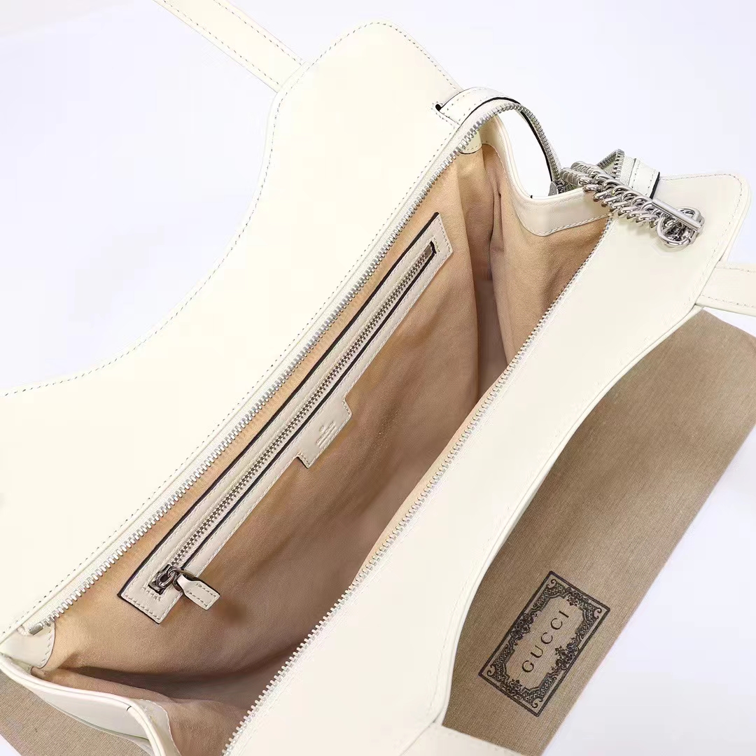 Gucci Women Petite GG Medium Tote Bag White Leather Double G Zip Closure (8)