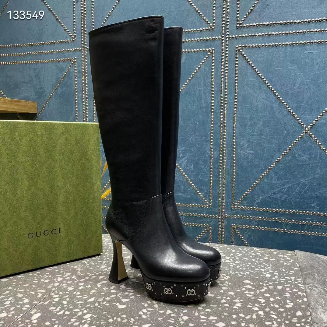 Gucci Women Platform Boot GG Studs Black Leather Spool High 11.4 CM Heel (1)