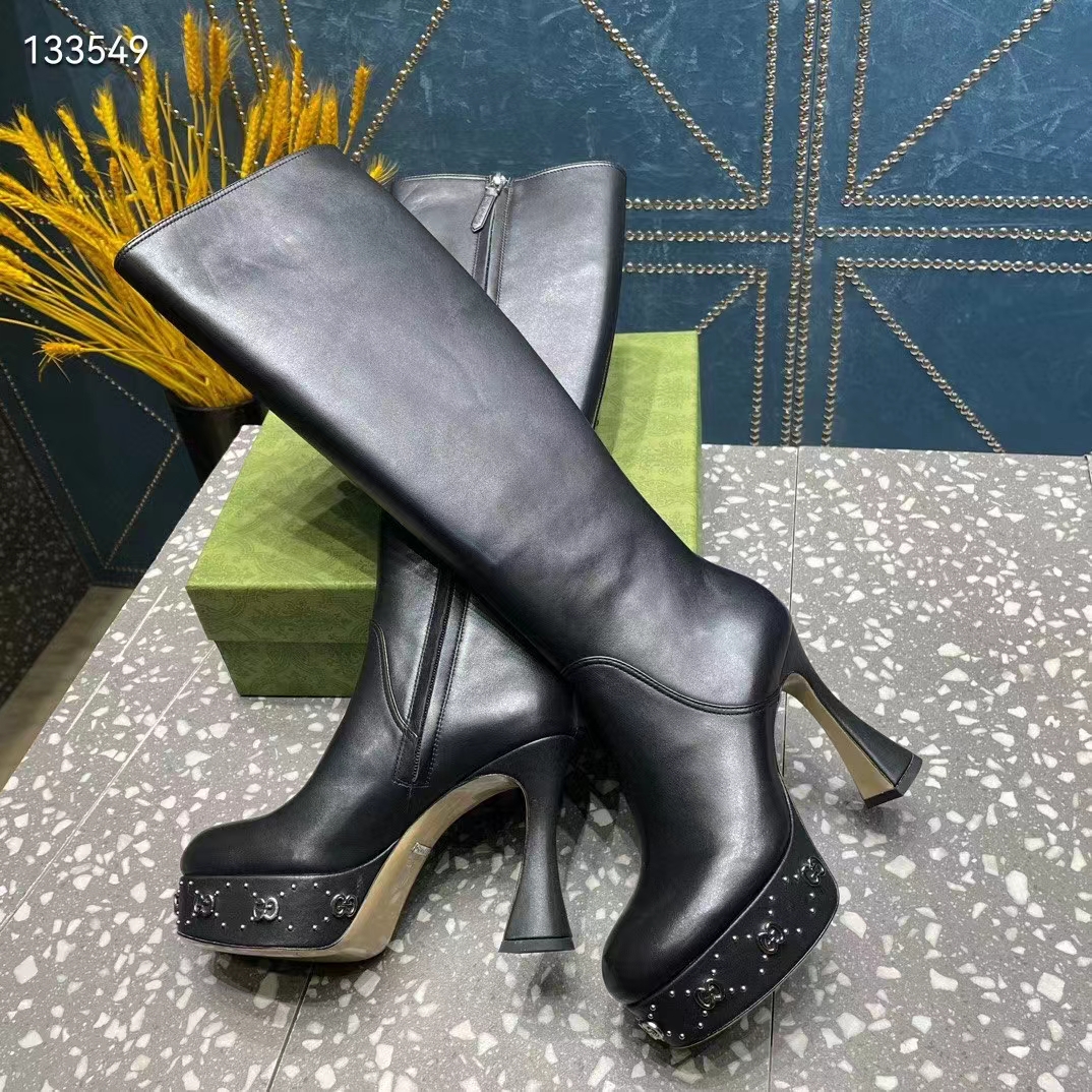 Gucci Women Platform Boot GG Studs Black Leather Spool High 11.4 CM Heel (10)
