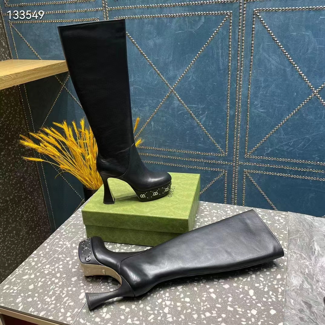 Gucci Women Platform Boot GG Studs Black Leather Spool High 11.4 CM Heel (4)