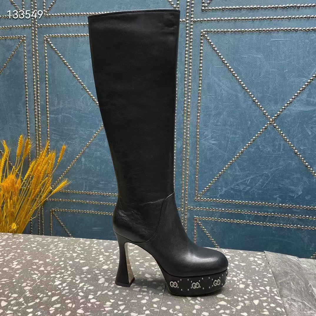 Gucci Women Platform Boot GG Studs Black Leather Spool High 11.4 CM Heel (5)