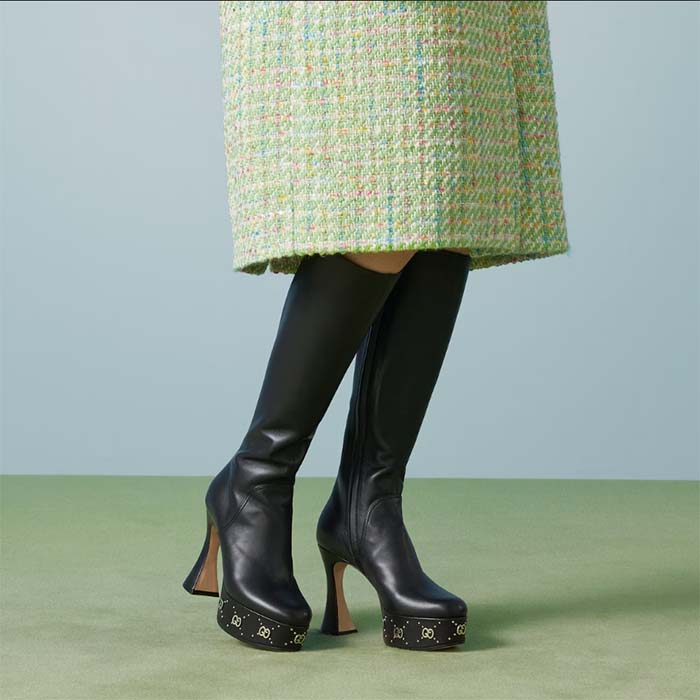 Gucci Women Platform Boot GG Studs Black Leather Spool High 11.4 CM Heel (6)