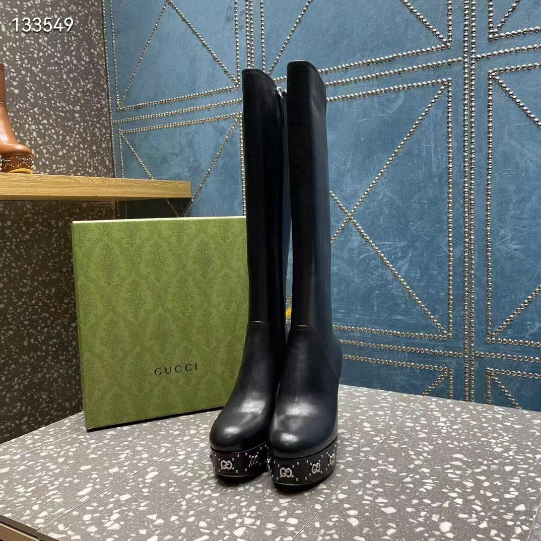 Gucci Women Platform Boot GG Studs Black Leather Spool High 11.4 CM Heel (7)