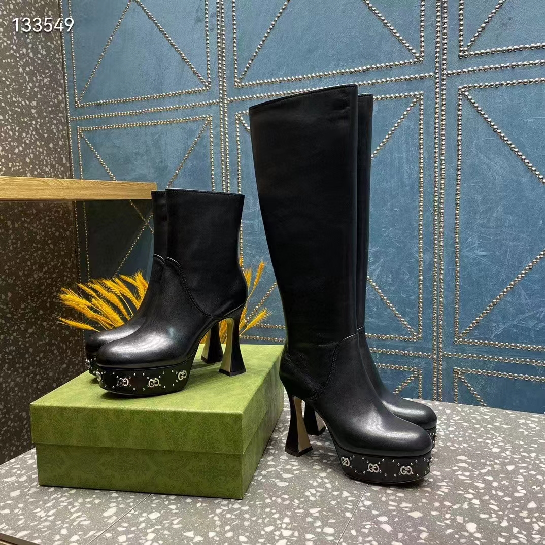 Gucci Women Platform Boot GG Studs Black Leather Spool High 11.4 CM Heel (8)