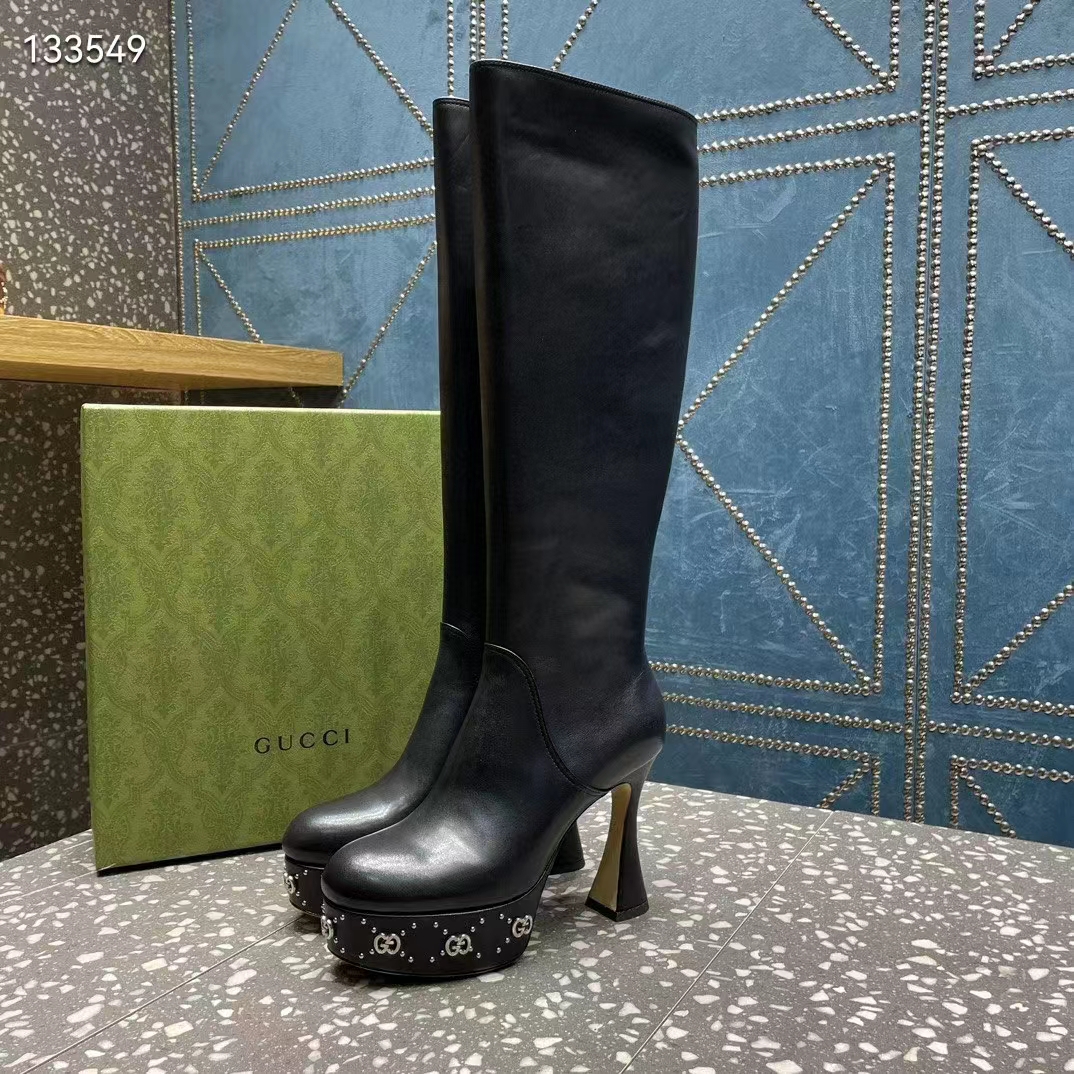 Gucci Women Platform Boot GG Studs Black Leather Spool High 11.4 CM Heel (9)