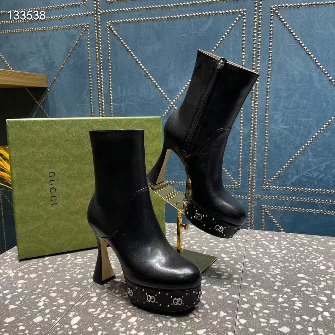 Gucci Women Platform GG Studs Black Leather Spool High 11.4 CM Heel‘ (11)