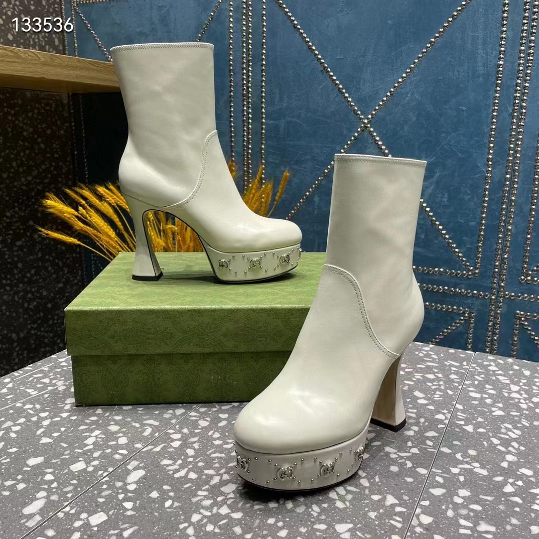 Gucci Women Platform GG Studs White Leather Spool High 11.4 CM Heel (1)