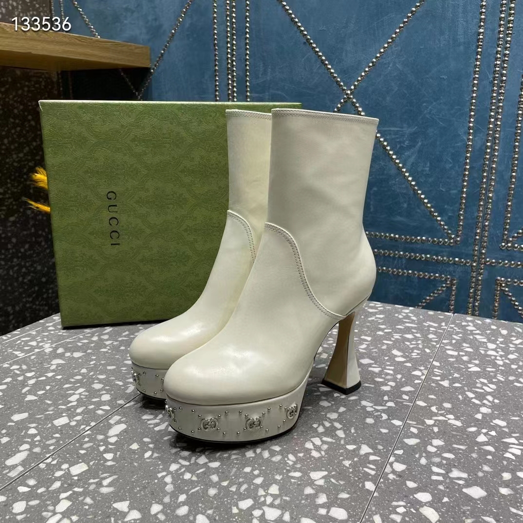 Gucci Women Platform GG Studs White Leather Spool High 11.4 CM Heel (11)