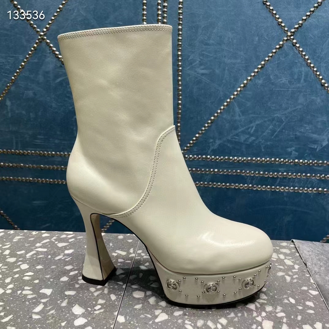 Gucci Women Platform GG Studs White Leather Spool High 11.4 CM Heel (8)