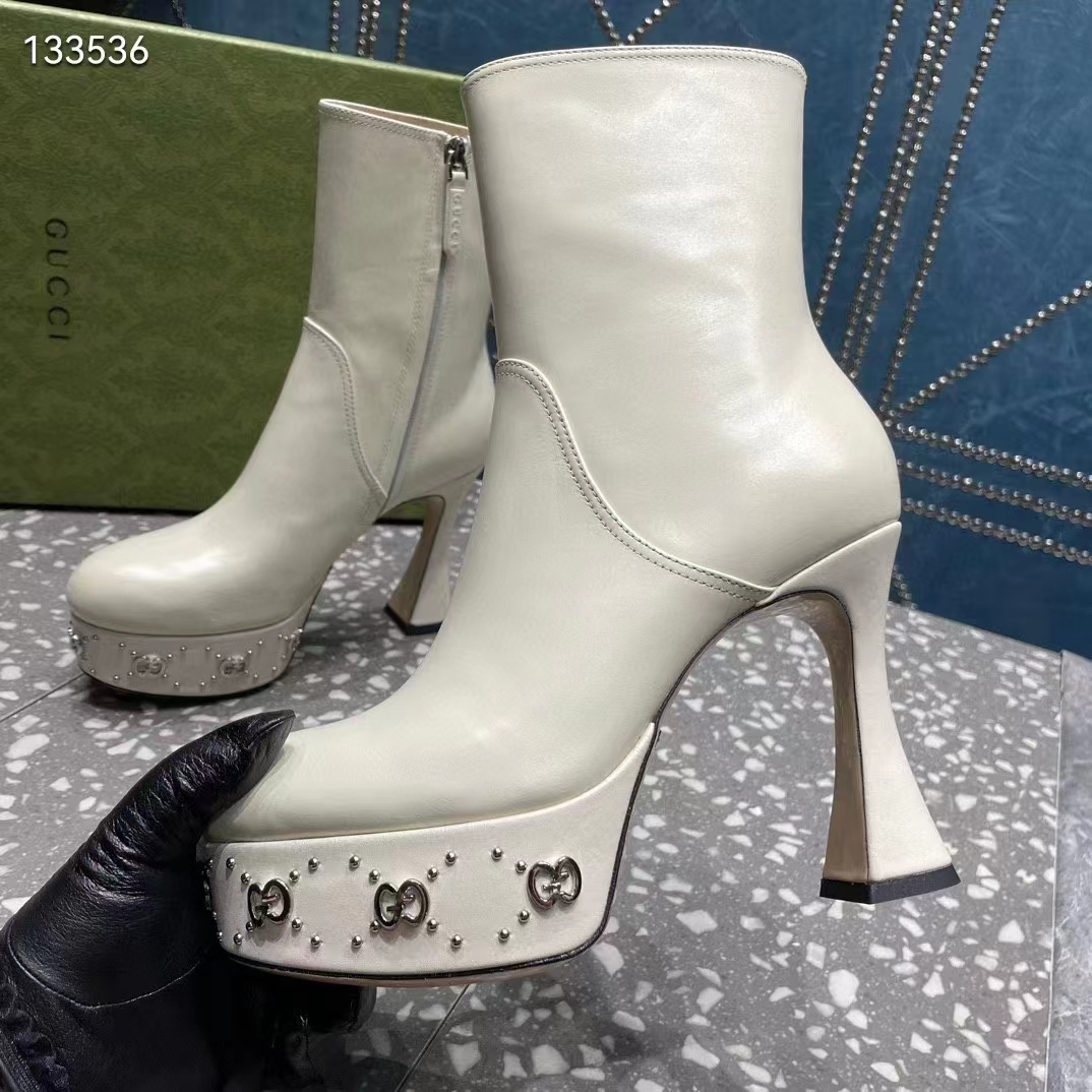 Gucci Women Platform GG Studs White Leather Spool High 11.4 CM Heel (9)