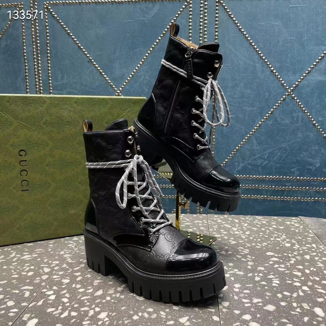 Gucci Women’s Matelassé Lace-Up Boot Black GG Matelassé Leather Low-Heel (11)