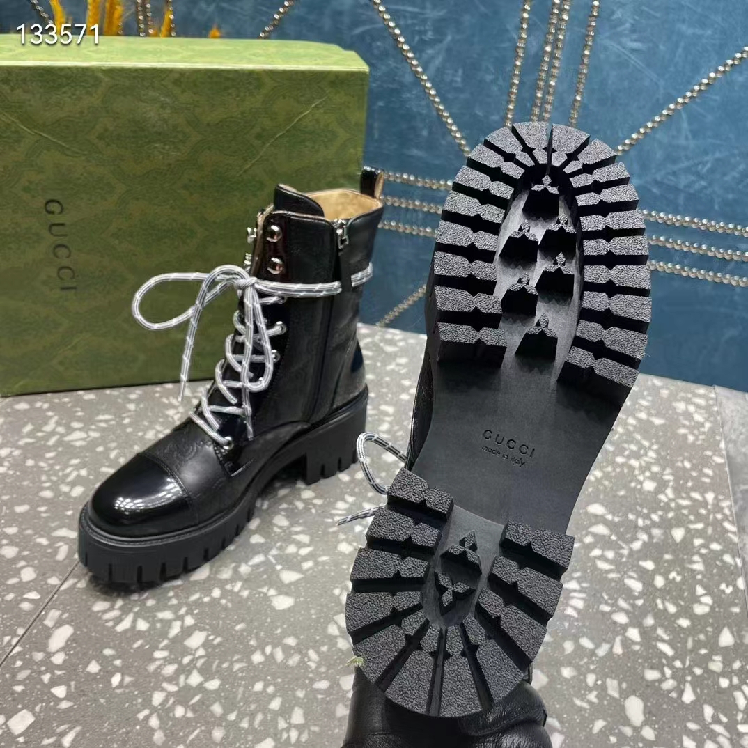Gucci Women’s Matelassé Lace-Up Boot Black GG Matelassé Leather Low-Heel (2)