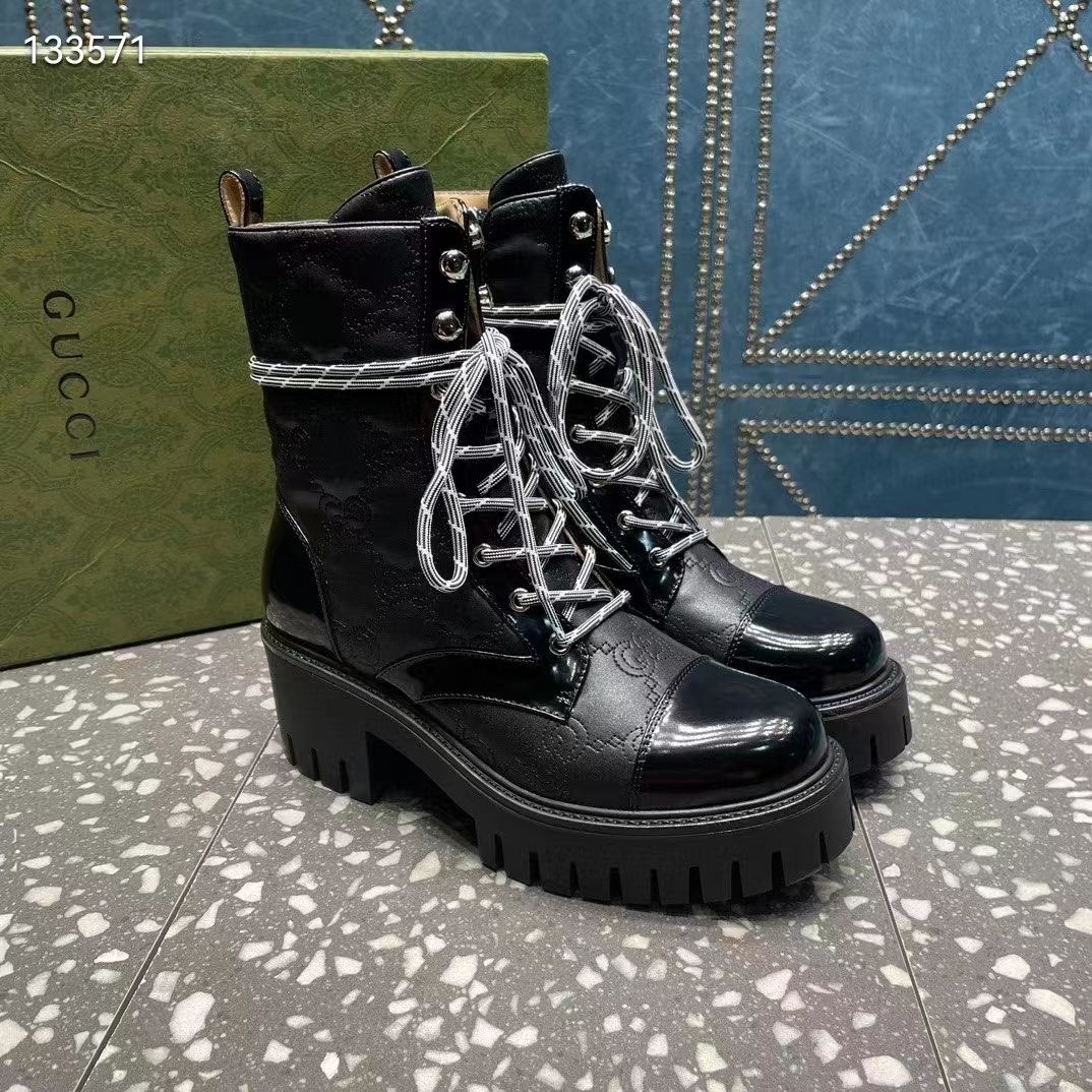 Gucci Women’s Matelassé Lace-Up Boot Black GG Matelassé Leather Low-Heel (5)