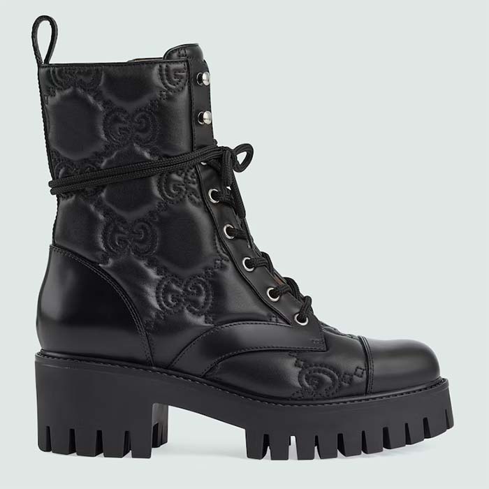 Gucci Women's Matelassé Lace-Up Boot Black GG Matelassé Leather Low-Heel