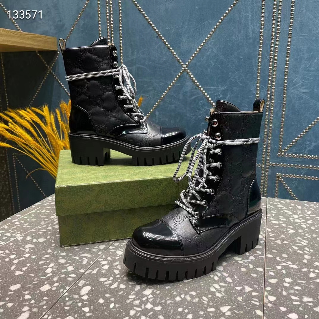 Gucci Women’s Matelassé Lace-Up Boot Black GG Matelassé Leather Low-Heel (9)