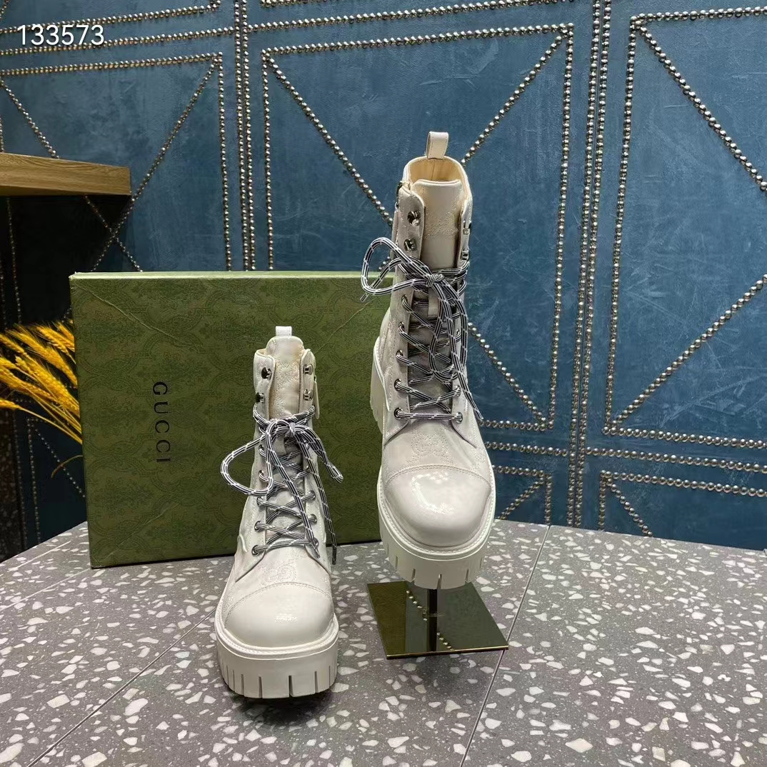 Gucci Women’s Matelassé Lace-Up Boot Off White GG Matelassé Leather Low-Heel (10)