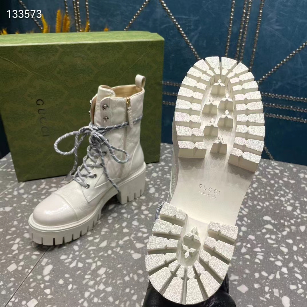 Gucci Women’s Matelassé Lace-Up Boot Off White GG Matelassé Leather Low-Heel (11)