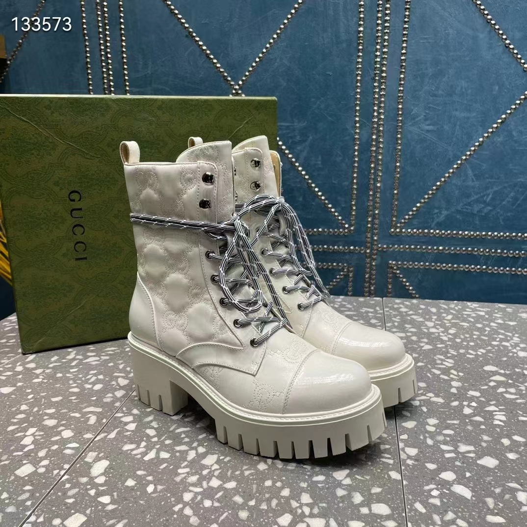 Gucci Women’s Matelassé Lace-Up Boot Off White GG Matelassé Leather Low-Heel (7)