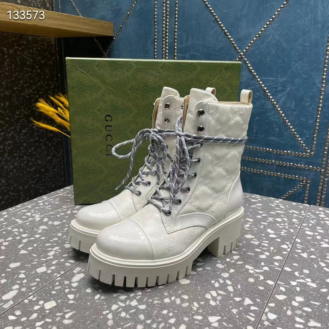 Gucci Women’s Matelassé Lace-Up Boot Off White GG Matelassé Leather Low-Heel (9)