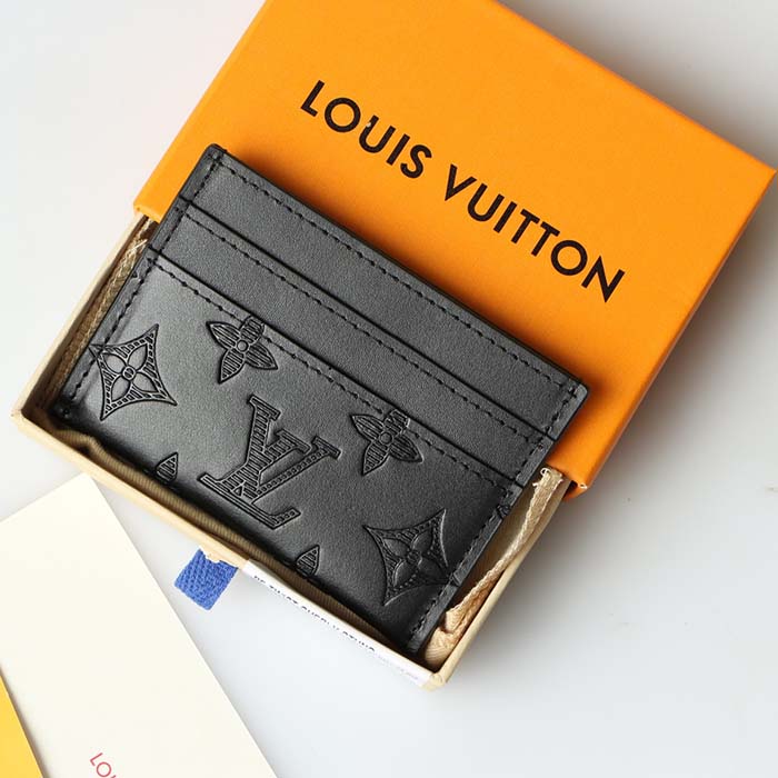 Louis Vuitton LV Unisex Coin Card Holder Black Calf Leather Textile Lining (2)