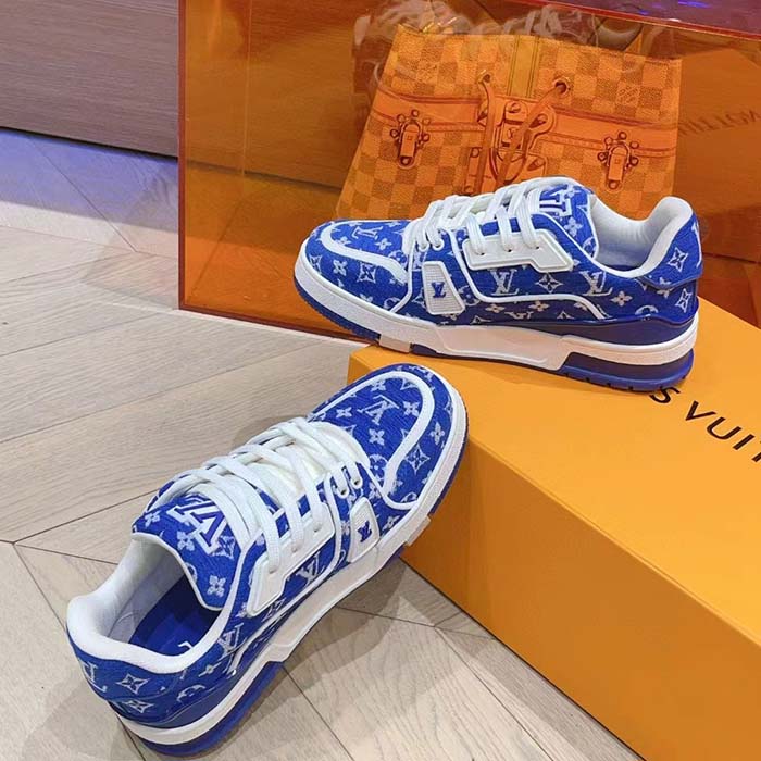 Louis Vuitton LV Unisex LV Trainer Sneaker Blue Monogram Textile Rubber Outsole (3)