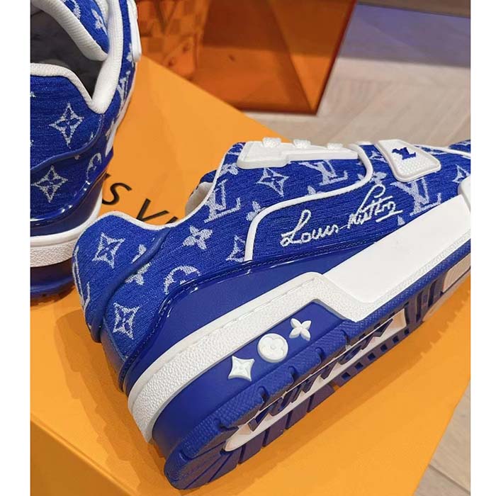 Louis Vuitton LV Unisex LV Trainer Sneaker Blue Monogram Textile Rubber Outsole (4)