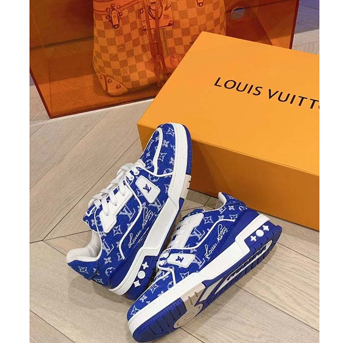 Louis Vuitton LV Unisex LV Trainer Sneaker Blue Monogram Textile Rubber Outsole (9)