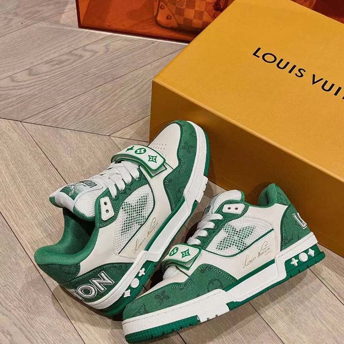 Louis Vuitton LV Unisex LV Trainer Sneaker Green Monogram Denim Rubber Outsole (10)