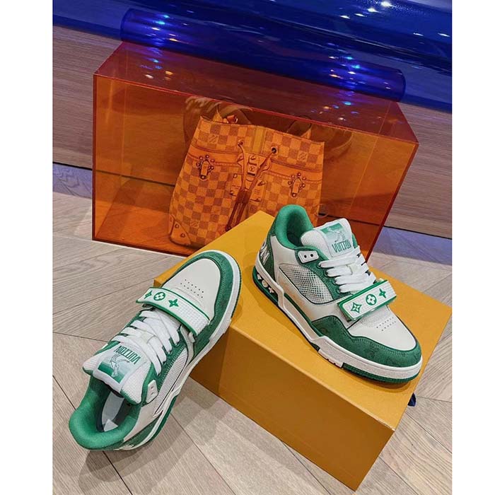 Louis Vuitton LV Unisex LV Trainer Sneaker Green Monogram Denim Rubber Outsole (3)