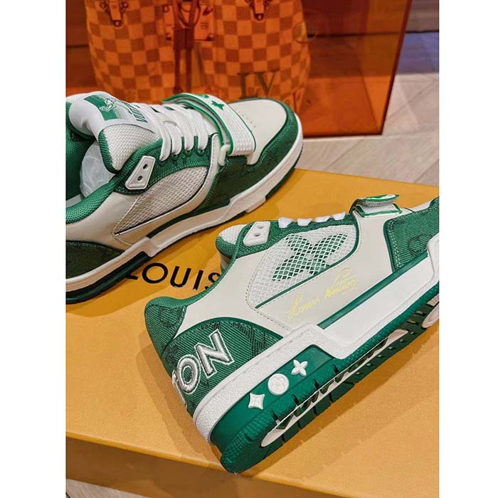 Louis Vuitton LV Unisex LV Trainer Sneaker Green Monogram Denim Rubber Outsole (4)