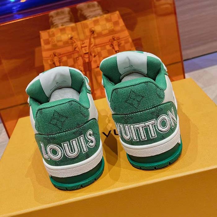 Louis Vuitton LV Unisex LV Trainer Sneaker Green Monogram Denim Rubber Outsole (7)