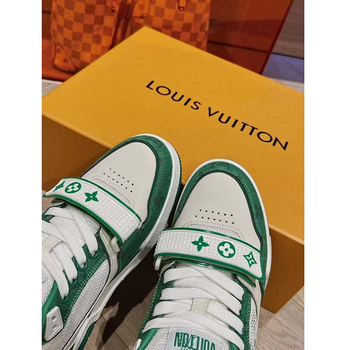 Louis Vuitton LV Unisex LV Trainer Sneaker Green Monogram Denim Rubber Outsole (8)