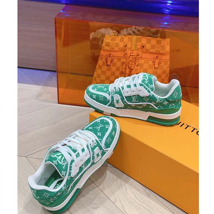 Louis Vuitton LV Unisex LV Trainer Sneaker Green Monogram Textile Rubber Outsole (10)