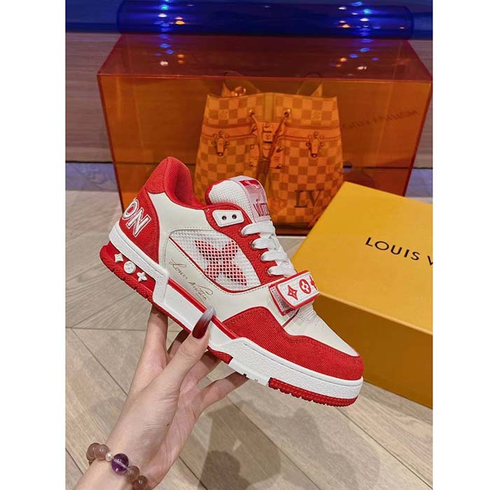 Louis Vuitton LV Unisex LV Trainer Sneaker Red Monogram Denim Rubber Outsole (12)