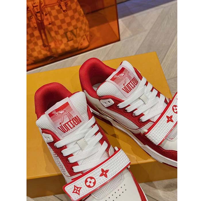 Louis Vuitton LV Unisex LV Trainer Sneaker Red Monogram Denim Rubber Outsole (13)